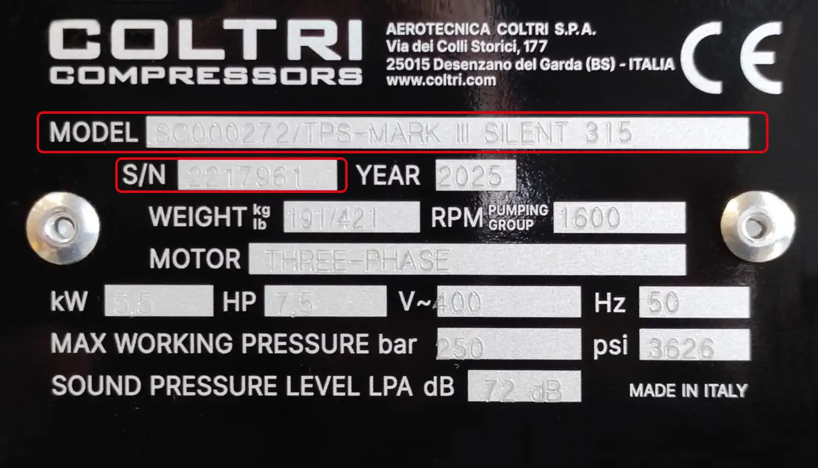 Esempio di etichetta CE Coltri con modello compressore e numero di serie